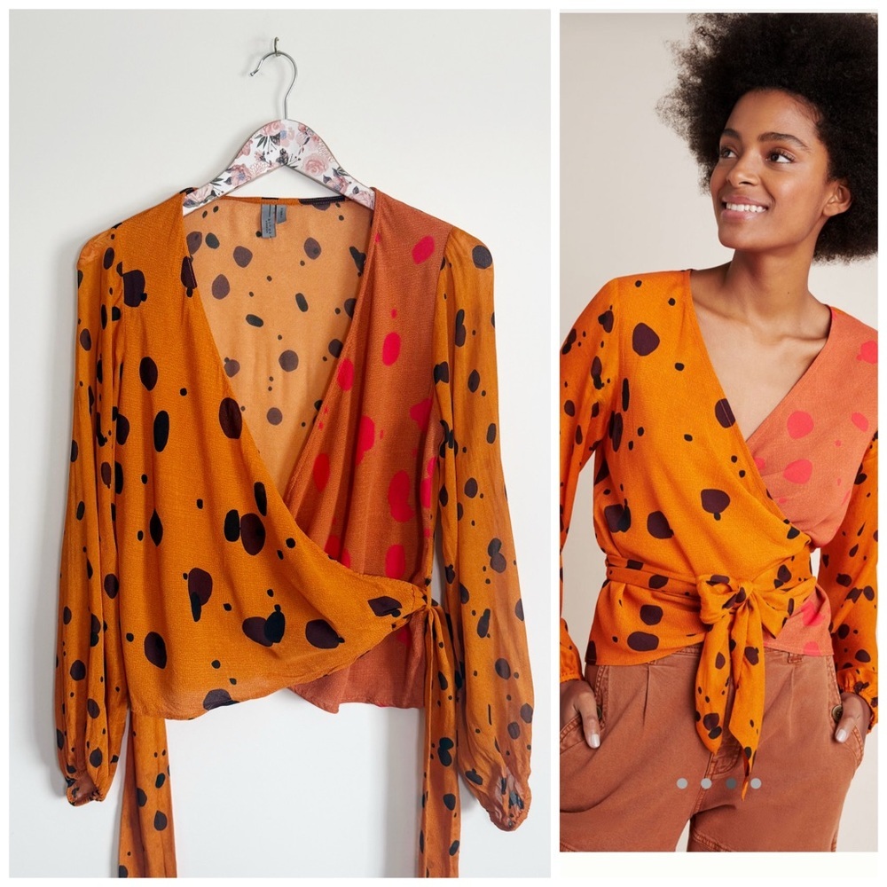 Anthropologie BLANK LONDON Arianna Wrap Blouse Top Orange Motif XS Dot Blouse